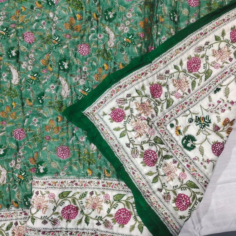 'Shabnam Green'- 100% Soft Cotton Quilt/Blanket- Handcrafted in Jaipur