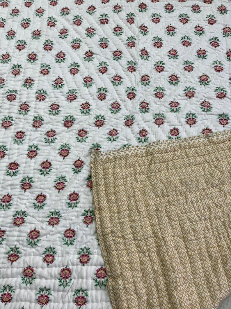 Symphony (Cherry and Green) - 100% Soft Cotton Organic Quilt/Blanket- Handcrafted in Jaipur