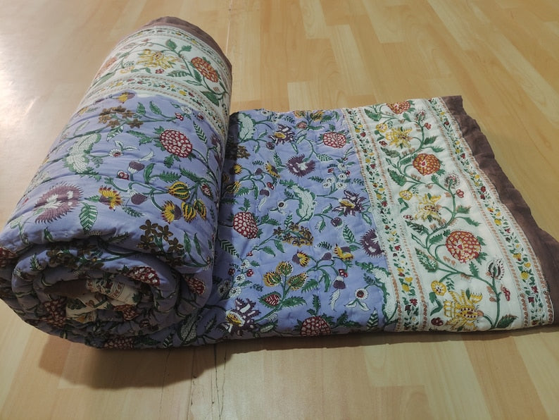 Lavender Blossoms- 100% Soft Cotton Organic Quilt/Blanket- Handcrafted in Jaipur
