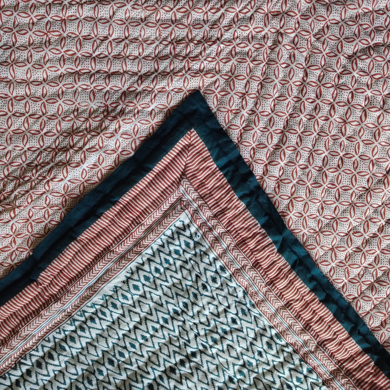 Jheel Brick and Blue 100% Soft Cotton Organic Quilt/Blanket- Handcrafted in Jaipur