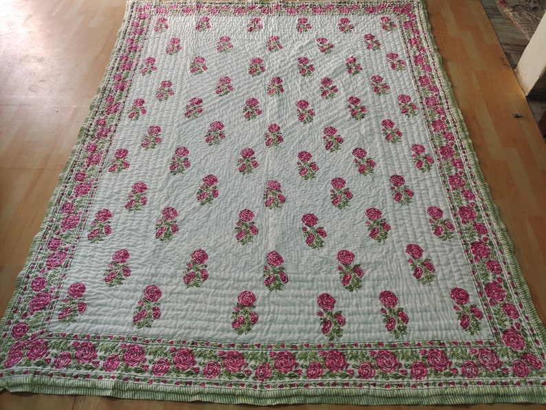 'Meadow Pink'- 100% Soft Cotton Organic Quilt/Blanket- Handcrafted in Jaipur