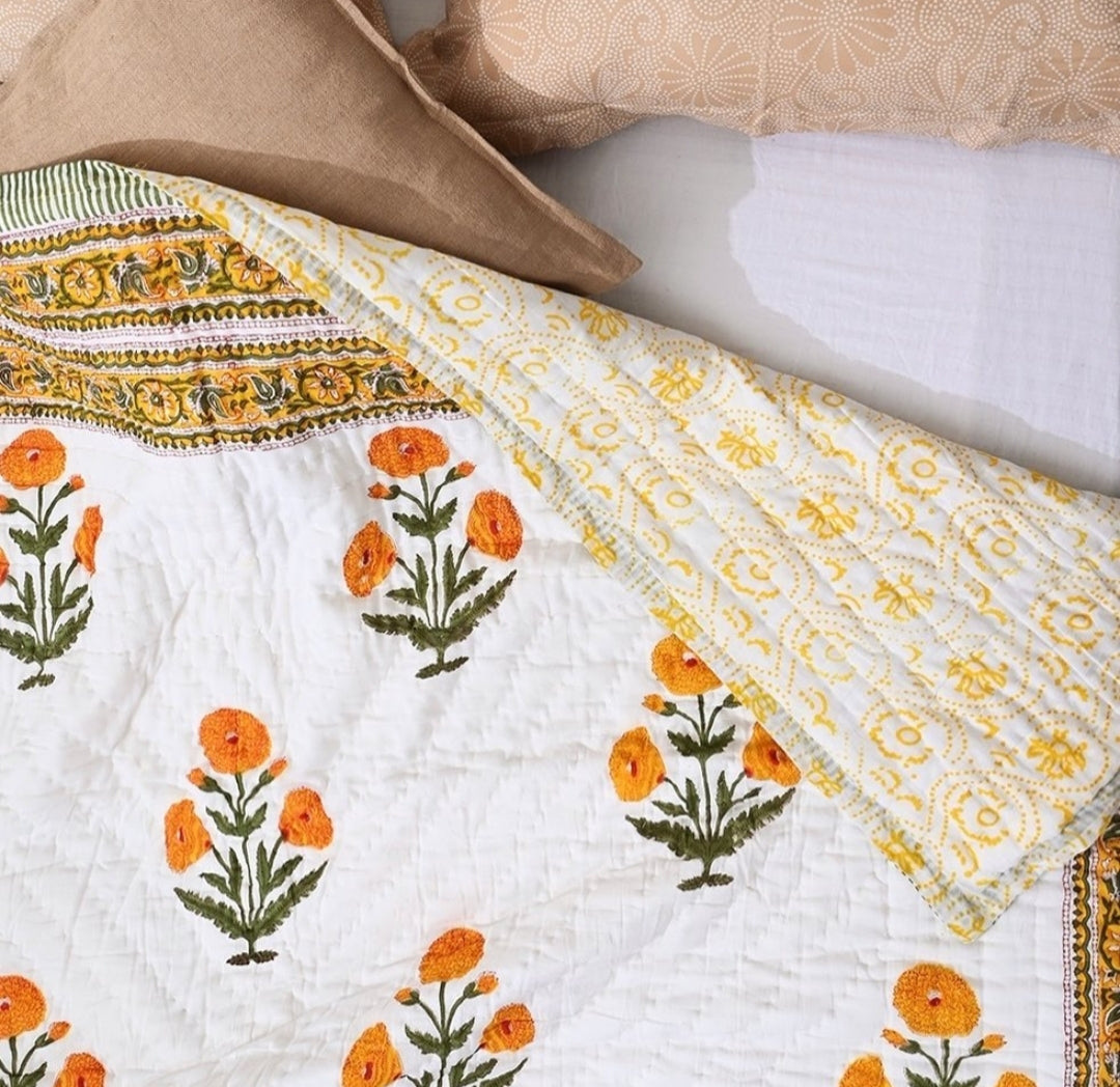 'Marigold'- 100% Soft Cotton Organic Quilt/Blanket- Handcrafted in Jaipur