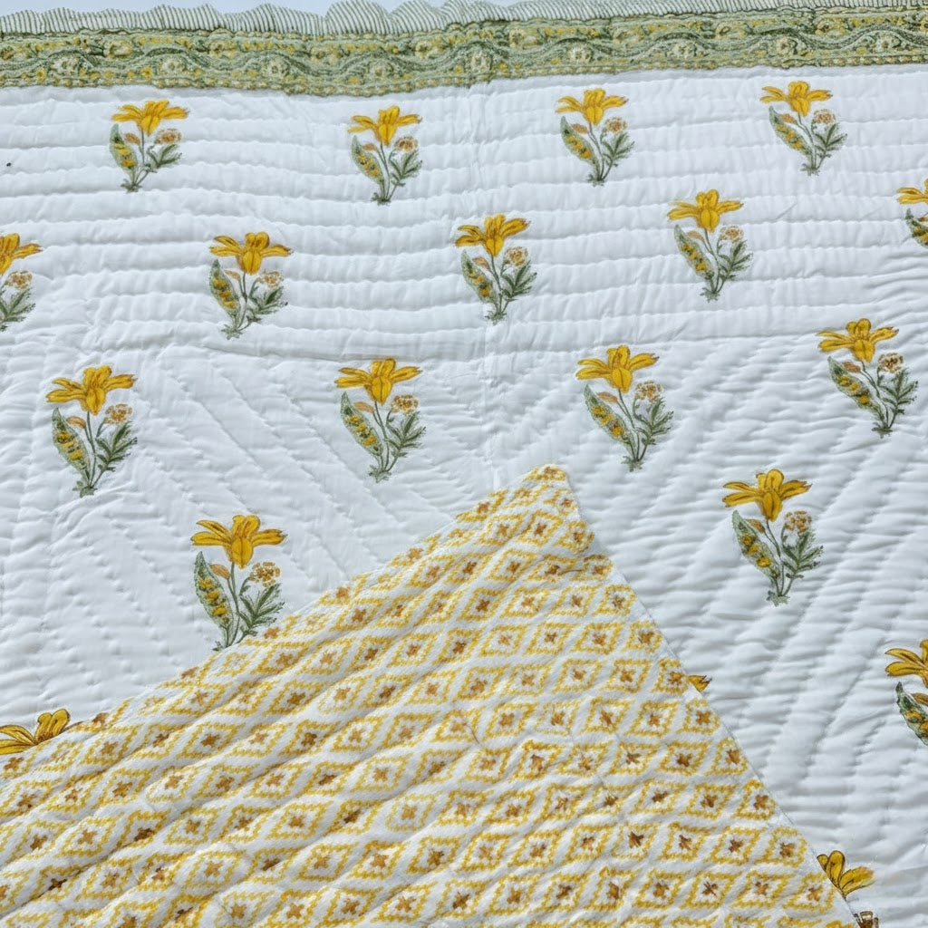 Daffodils- 100% Soft Cotton Organic Quilt/Blanket- Handcrafted in Jaipur