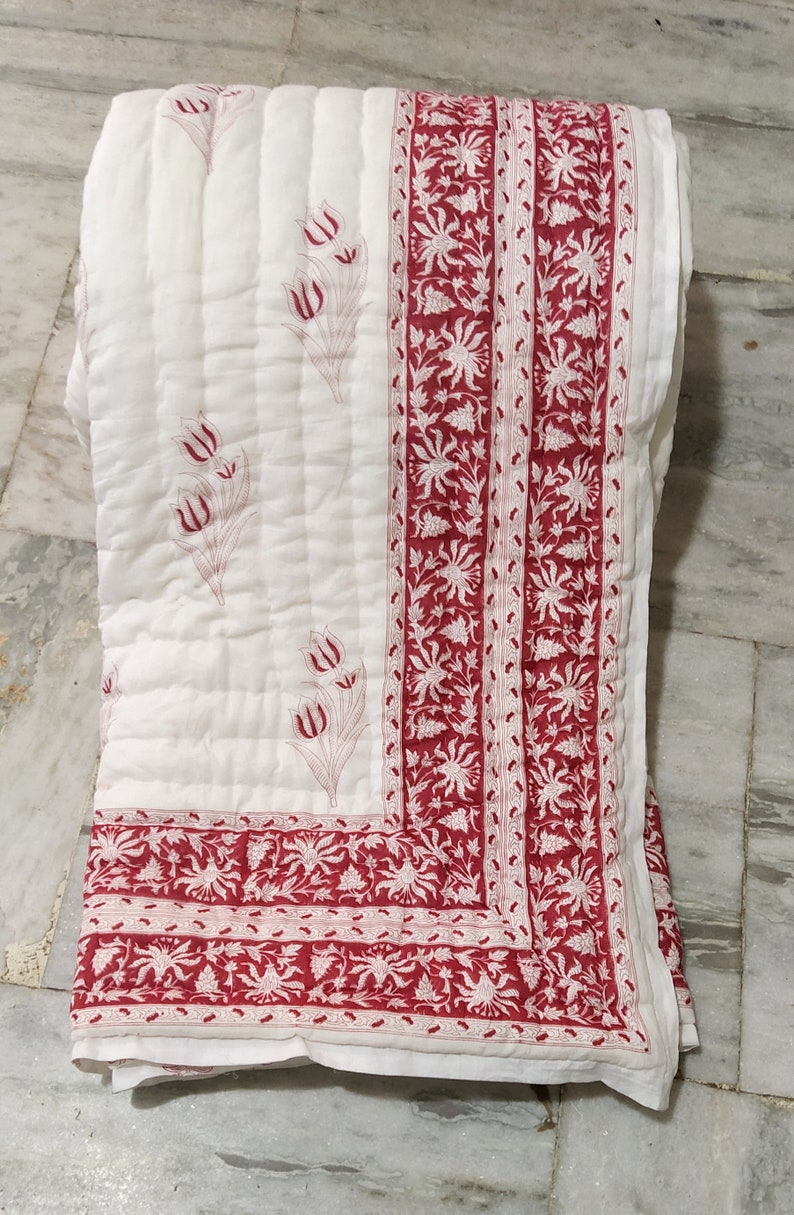 Rouge Flora- 100% Soft Cotton Organic Quilt/Blanket- Handcrafted in Jaipur