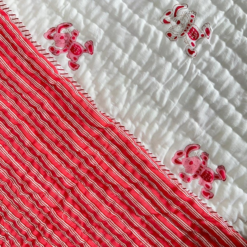 'The Pink Rabbit'- Reversible Baby Quilt|Blanket