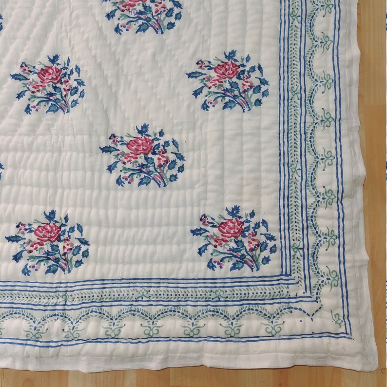 Blue and Pink Flowered 100% Soft Cotton Organic Quilt/Blanket- Handcrafted in Jaipur