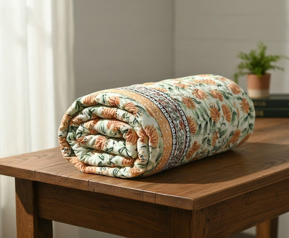 'Peach Cobbler'- 100% Soft Cotton Quilt/Blanket- Handcrafted in Jaipur