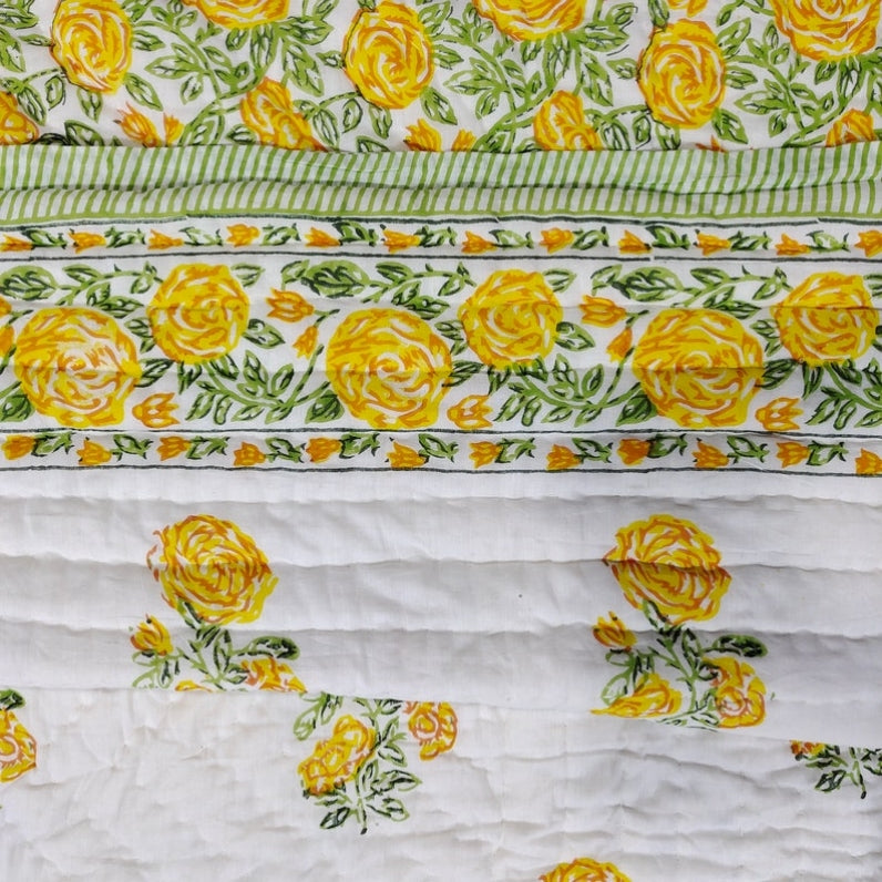 'Meadow Yellow'- 100% Soft Cotton Organic Quilt/Blanket- Handcrafted in Jaipur
