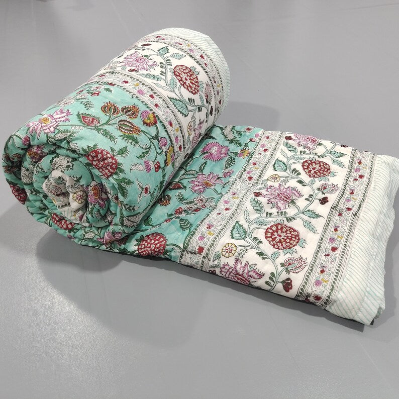 Multi Floral Teal - 100% Soft Cotton Organic Quilt/Blanket- Handcrafted in Jaipur