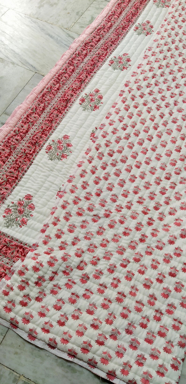 Red Bouquet - 100% Soft Cotton Organic Quilt/Blanket- Handcrafted in Jaipur