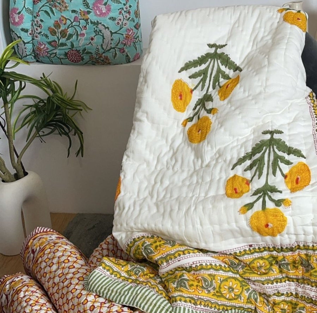 'Marigold'- 100% Soft Cotton Organic Quilt/Blanket- Handcrafted in Jaipur