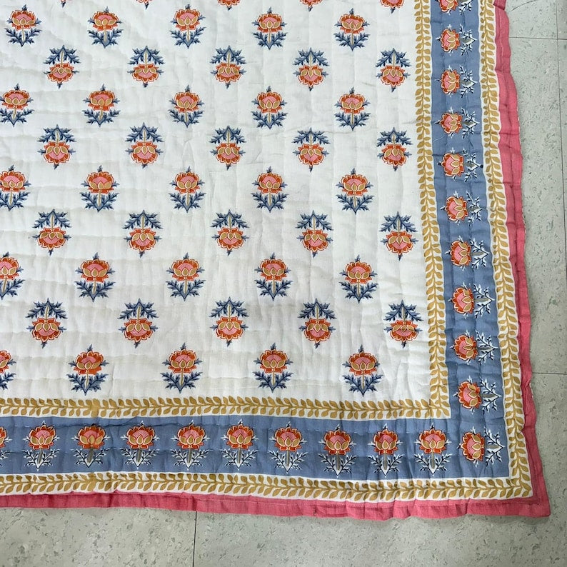 Symphony (Cherry and Blue) - 100% Soft Cotton Organic Quilt/Blanket- Handcrafted in Jaipur