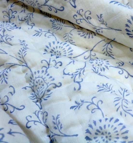 Blue Blockprinted Palm - 100% Soft Cotton Organic Quilt/Blanket- Handcrafted in Jaipur