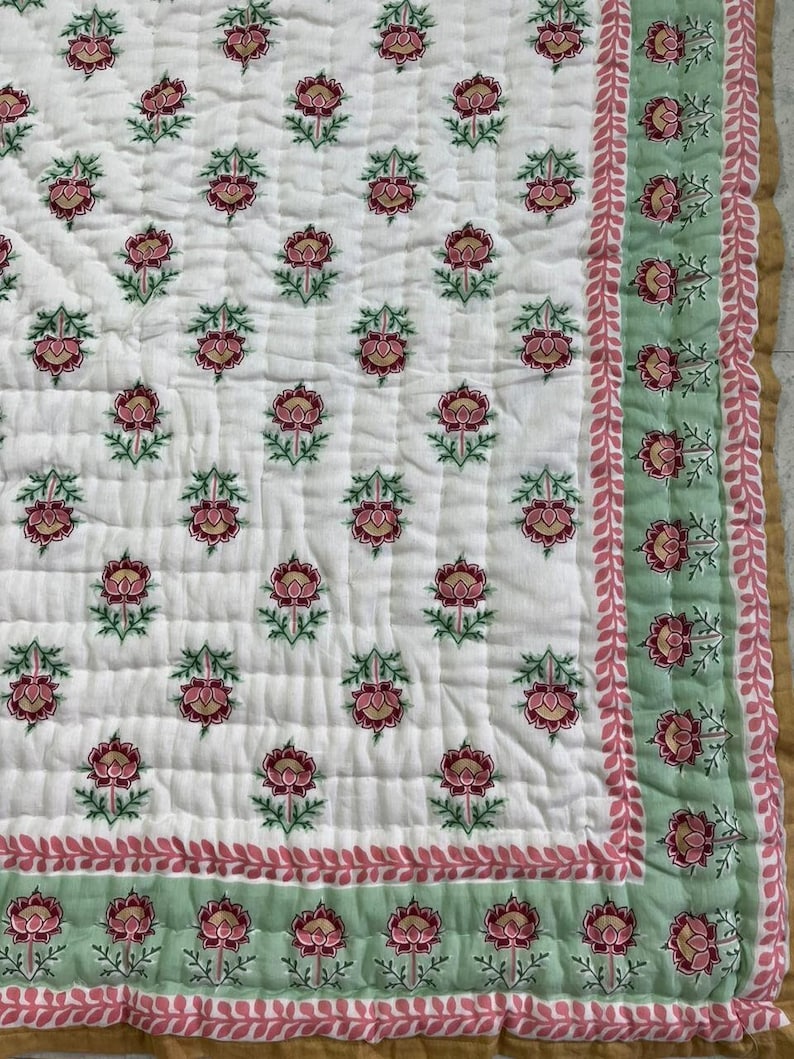 Symphony (Cherry and Green) - 100% Soft Cotton Organic Quilt/Blanket- Handcrafted in Jaipur