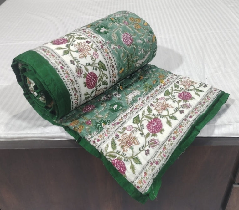 Multi Floral Green - 100% Soft Cotton Organic Quilt/Blanket- Handcrafted in Jaipur