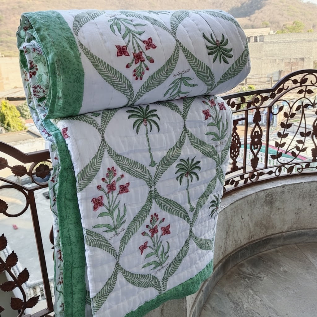 Red Floral - 100% Soft Cotton Organic Quilt/Blanket- Handcrafted in Jaipur