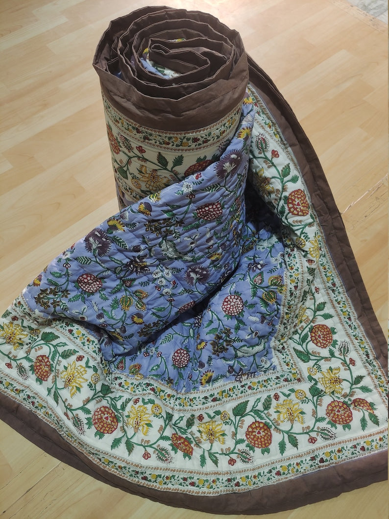 Lavender Blossoms- 100% Soft Cotton Organic Quilt/Blanket- Handcrafted in Jaipur