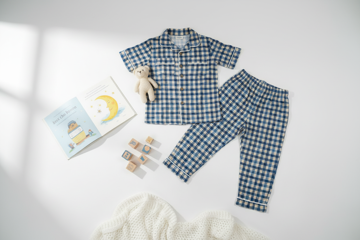 Two-piece Cotton Pajama Set | Blue Checks