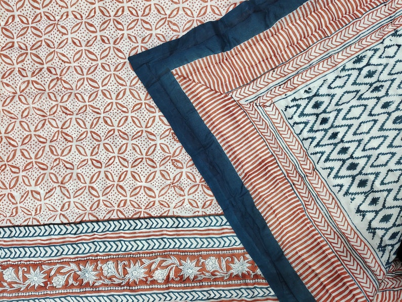 Jheel Brick and Blue 100% Soft Cotton Organic Quilt/Blanket- Handcrafted in Jaipur