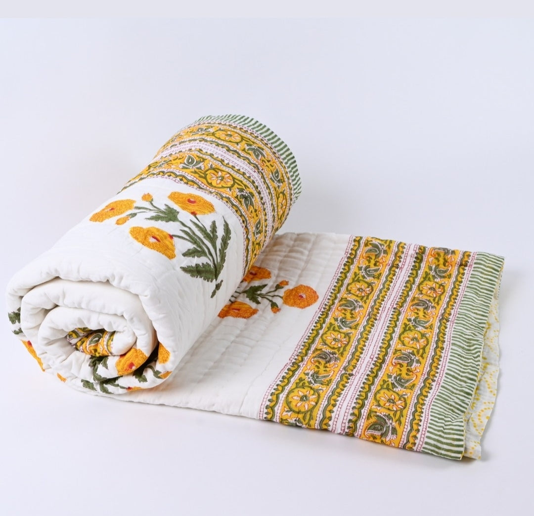 'Marigold'- 100% Soft Cotton Organic Quilt/Blanket- Handcrafted in Jaipur