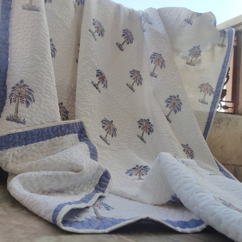 Blue Blockprinted Palm - 100% Soft Cotton Organic Quilt/Blanket- Handcrafted in Jaipur