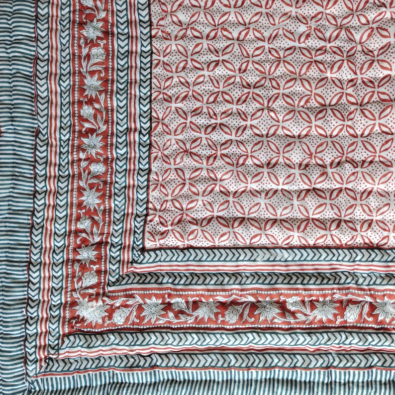 Jheel Brick and Blue 100% Soft Cotton Organic Quilt/Blanket- Handcrafted in Jaipur