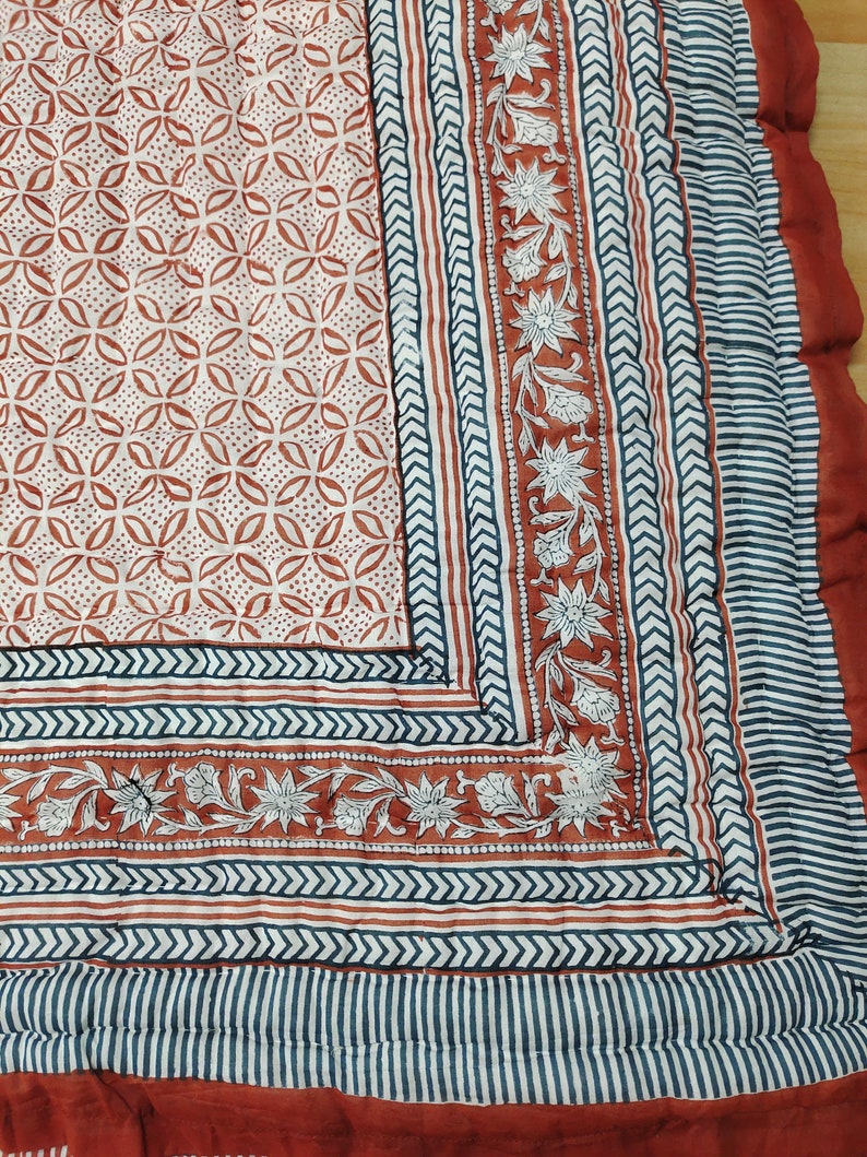 Jheel Brick and Blue 100% Soft Cotton Organic Quilt/Blanket- Handcrafted in Jaipur
