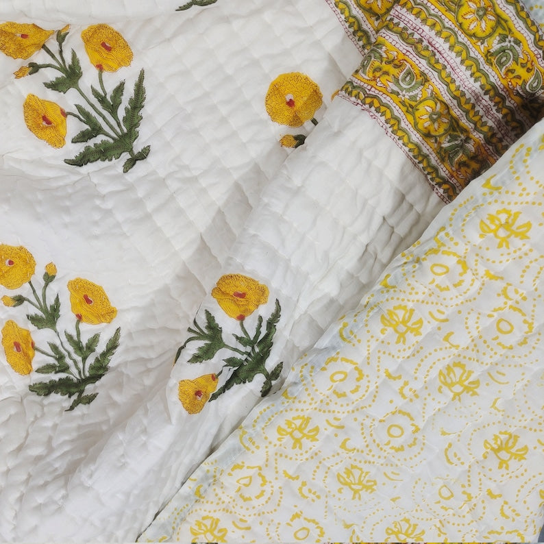 'Marigold'- 100% Soft Cotton Organic Quilt/Blanket- Handcrafted in Jaipur