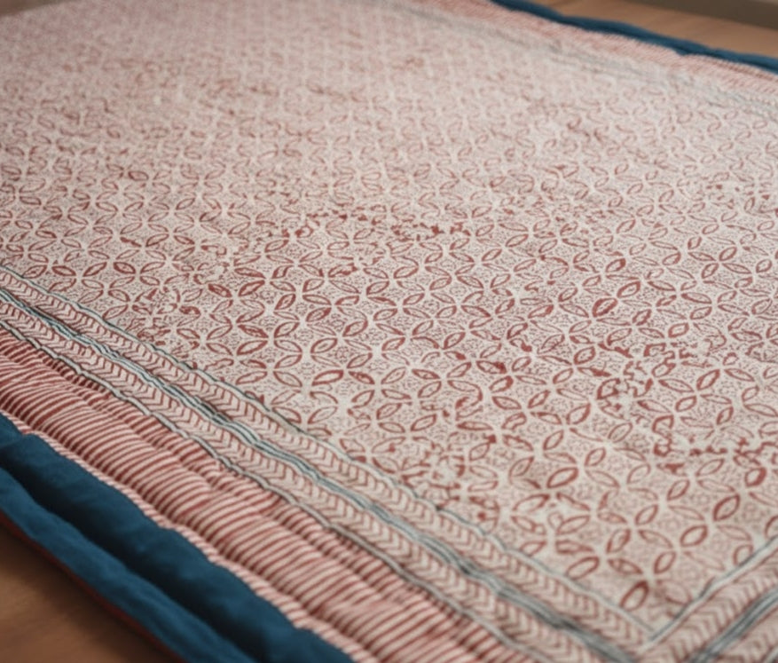 Jheel Brick and Blue 100% Soft Cotton Organic Quilt/Blanket- Handcrafted in Jaipur