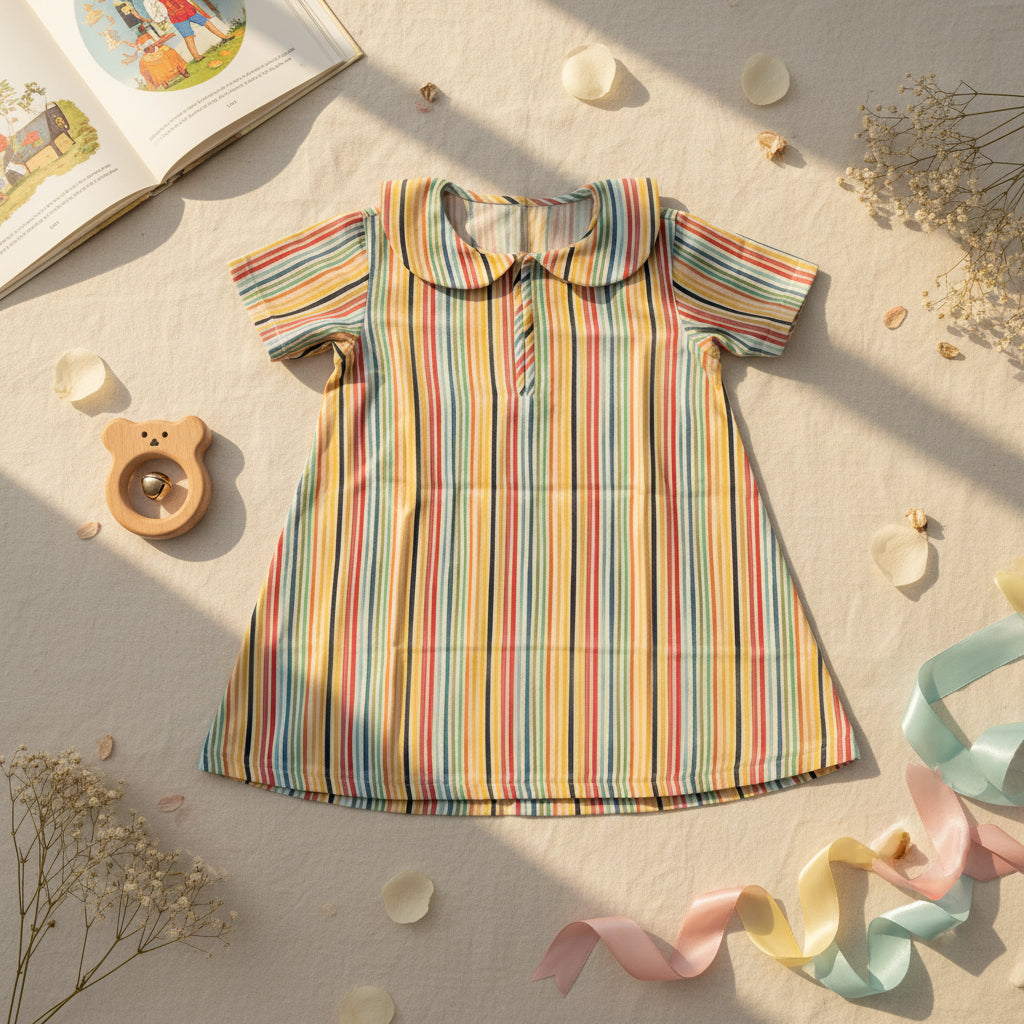 Colorful striped dress on a textured surface with toys and ribbons around