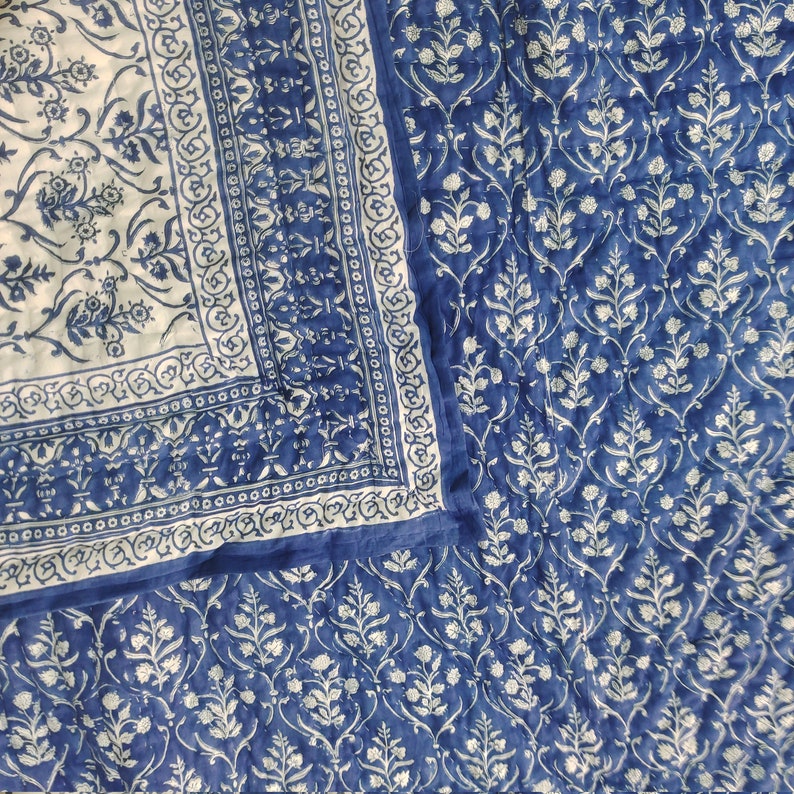 Blue Paisley Blockprinted - 100% Soft Cotton Organic Quilt/Blanket- Handcrafted in Jaipur