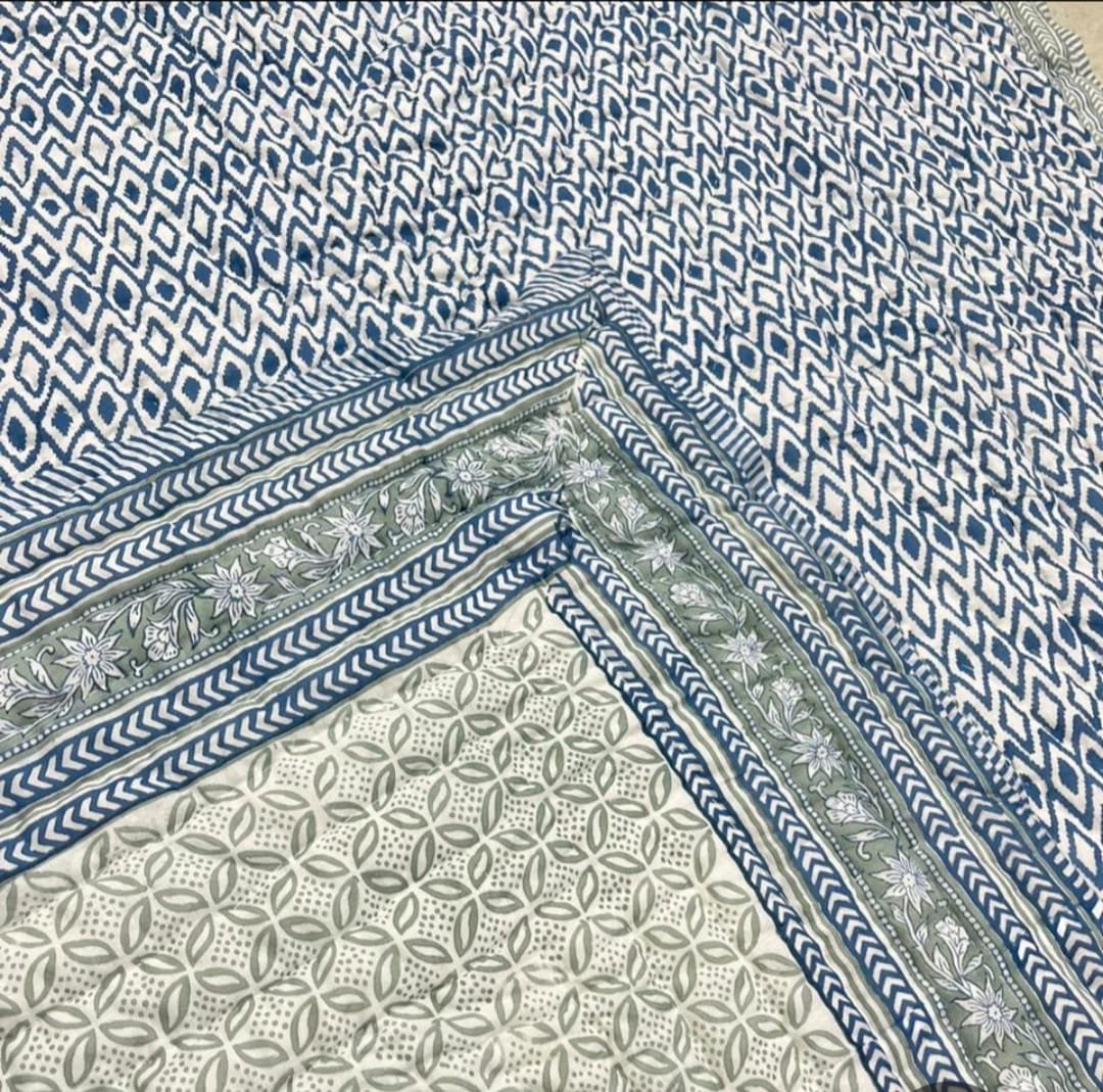 'Jheel Green'- 100% Soft Cotton Quilt/Blanket- Handcrafted in Jaipur