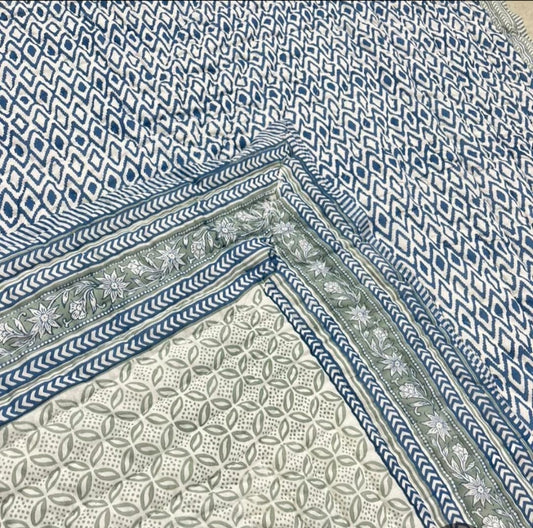 'Jheel Green'- 100% Soft Cotton Quilt/Blanket- Handcrafted in Jaipur