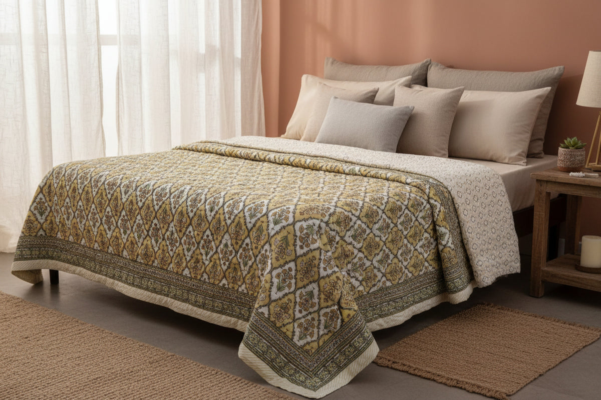 Philomila (Buttercup Yellow) - 100% Soft Cotton Organic Quilt/Blanket- Handcrafted in Jaipur