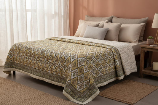 Philomila (Buttercup Yellow) - 100% Soft Cotton Organic Quilt/Blanket- Handcrafted in Jaipur