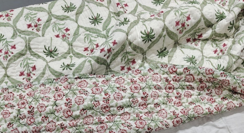 Red Floral - 100% Soft Cotton Organic Quilt/Blanket- Handcrafted in Jaipur
