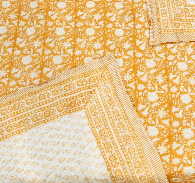 Yellow Mustard Floral 100% Soft Cotton Organic Quilt/Blanket- Handcrafted in Jaipur
