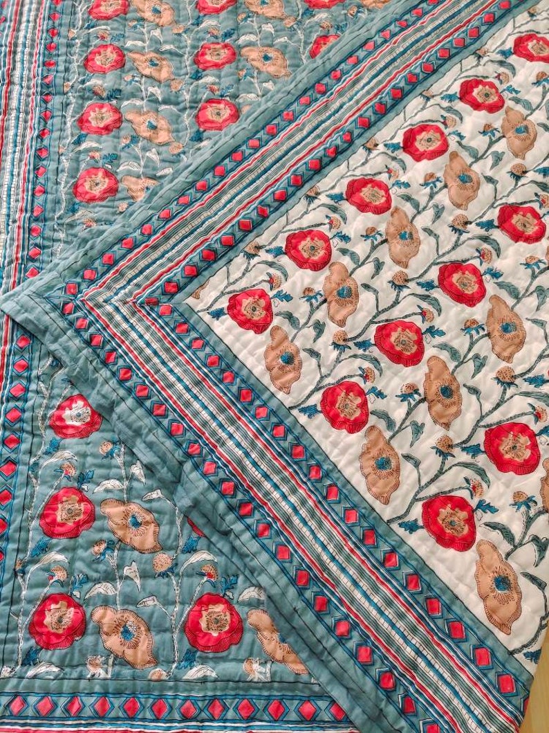 'Poppy Fields'- 100% Soft Cotton Organic Quilt/Blanket- Handcrafted in Jaipur