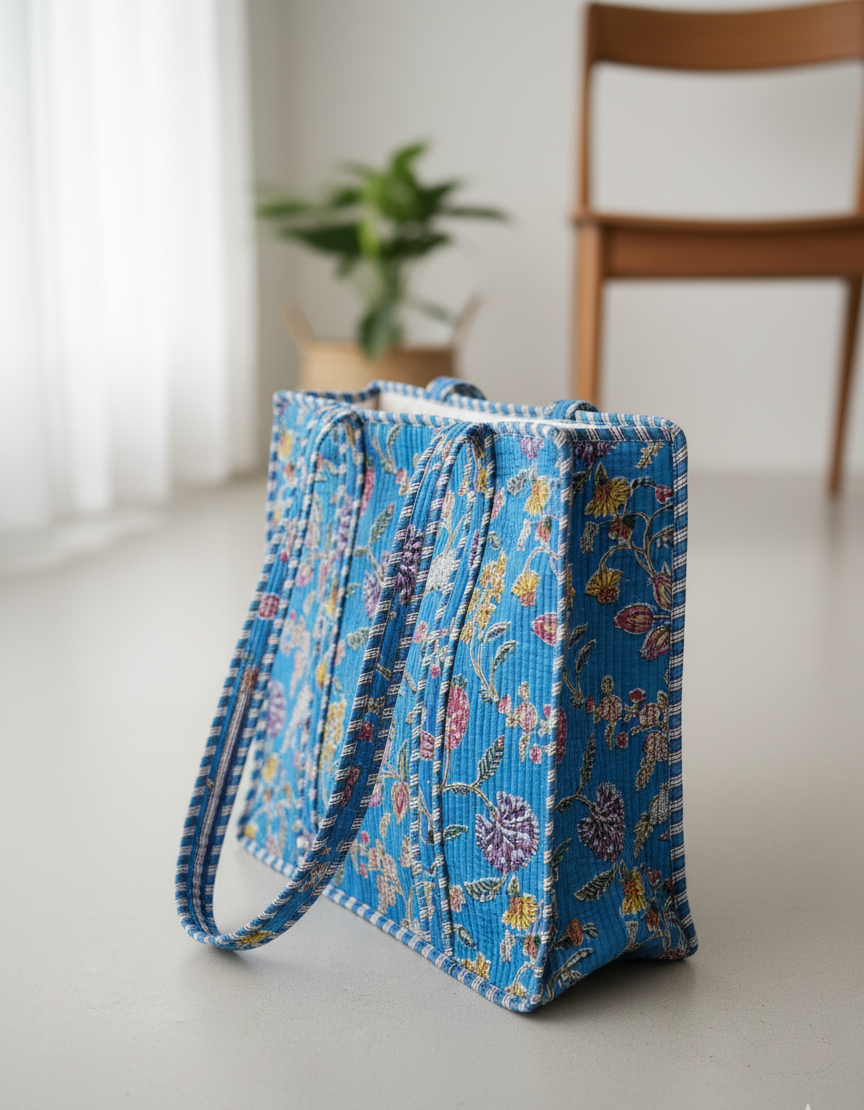 Artisinal Blue Blockprinted Quilted Tote Bags | Handbags