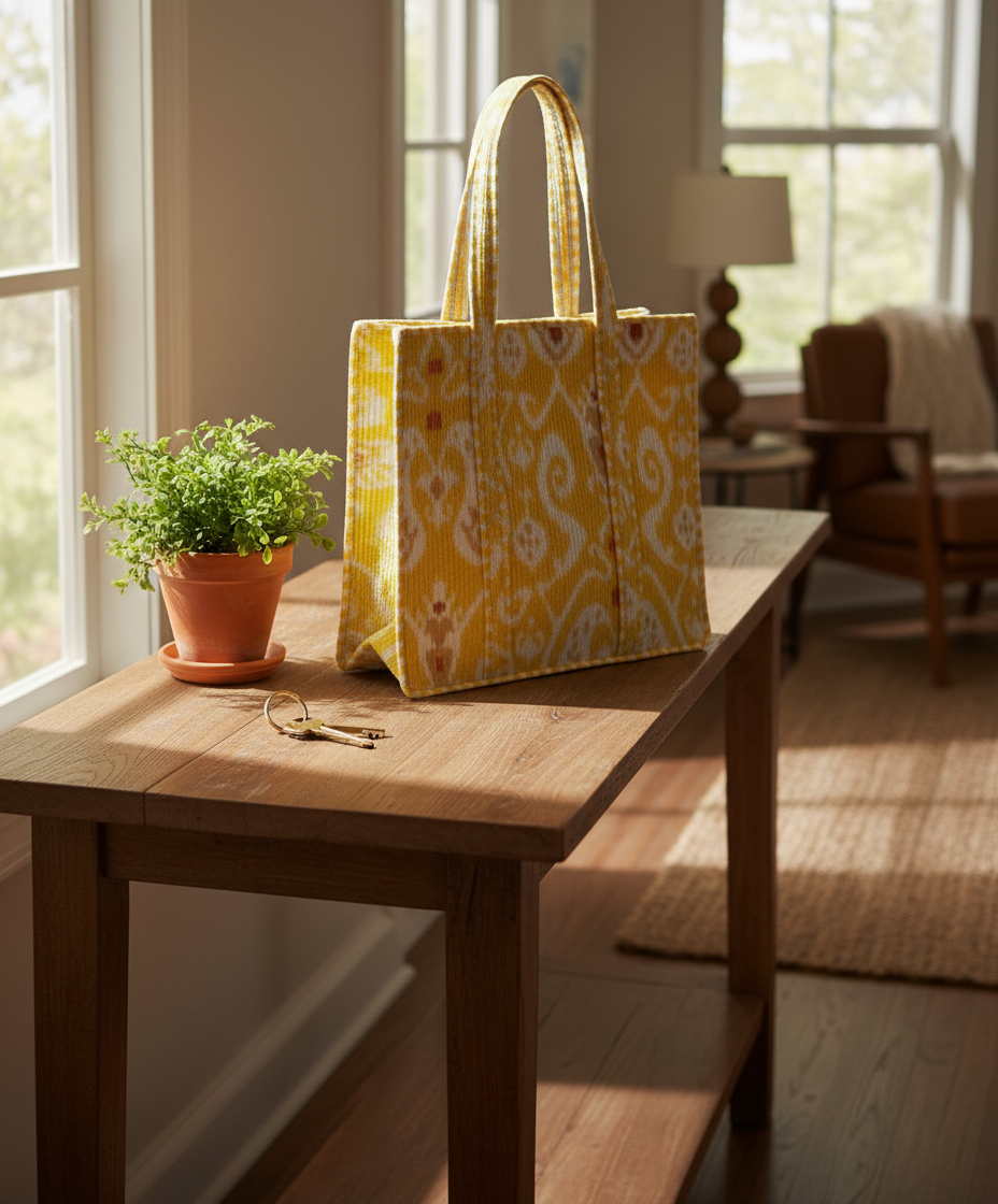 Large Blockprinted Yellow Ikat Quilted Tote Bags | Handbags