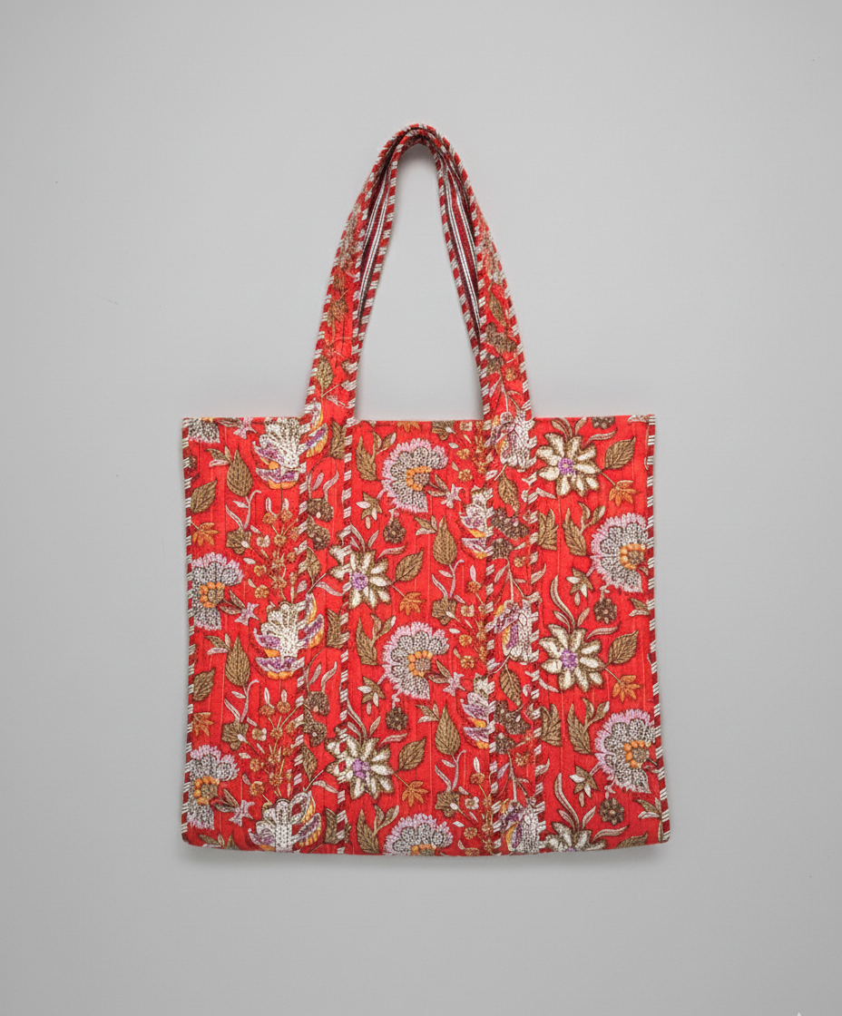 Large Blockprinted Red Floral Quilted Tote Bags | Handbags