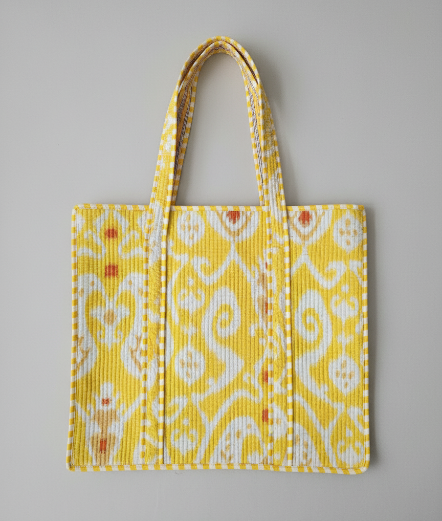Large Blockprinted Yellow Ikat Quilted Tote Bags | Handbags