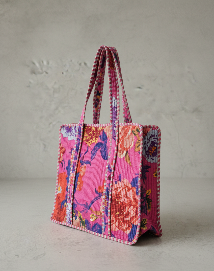 Large Blockprinted Floral Quilted Tote Bags | Handbags