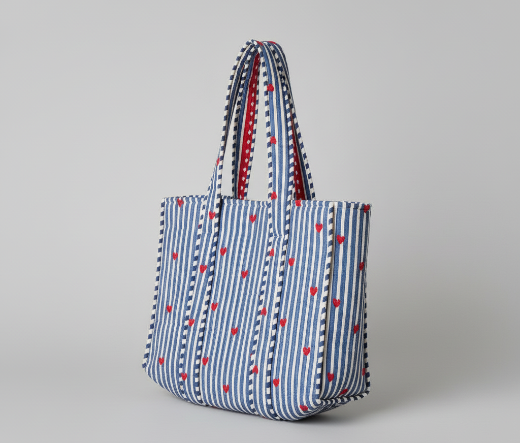 Large Quilted Blue Striped Tote Bags with Heart Prints | Handbags