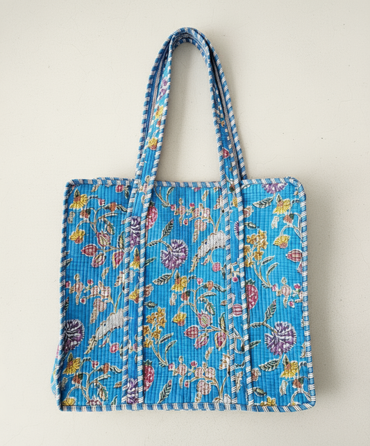 Artisinal Blue Blockprinted Quilted Tote Bags | Handbags
