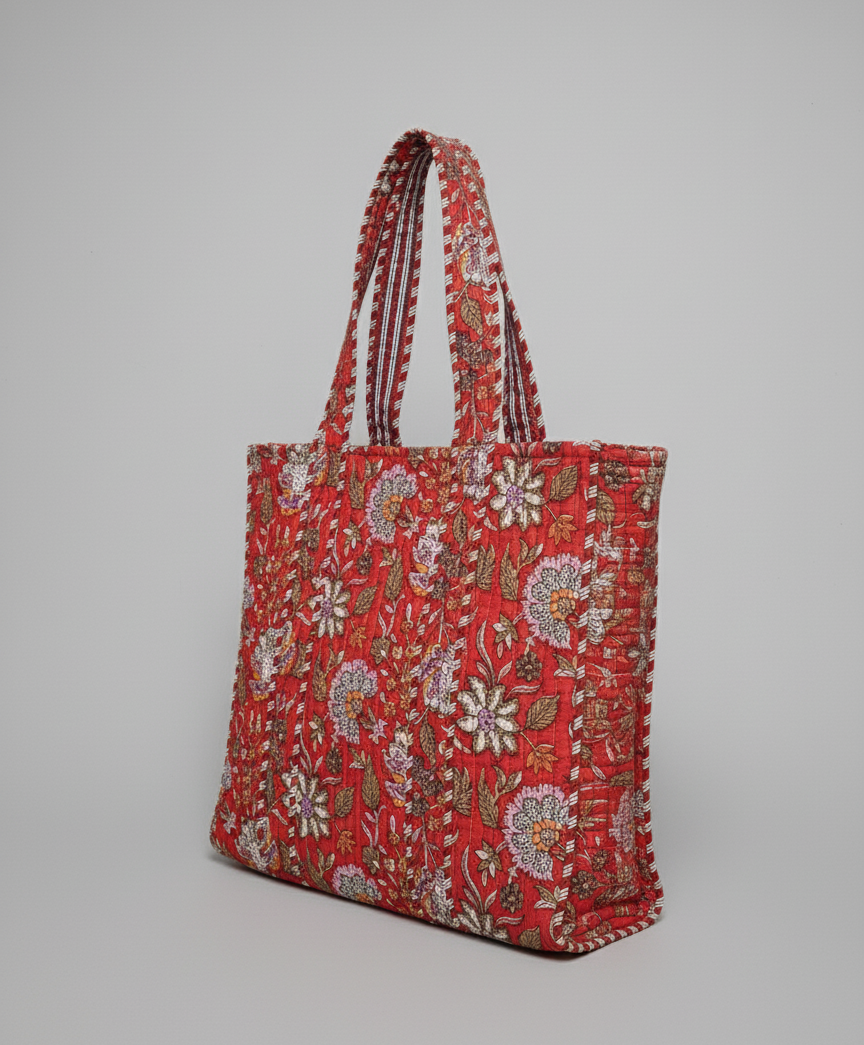 Large Blockprinted Red Floral Quilted Tote Bags | Handbags