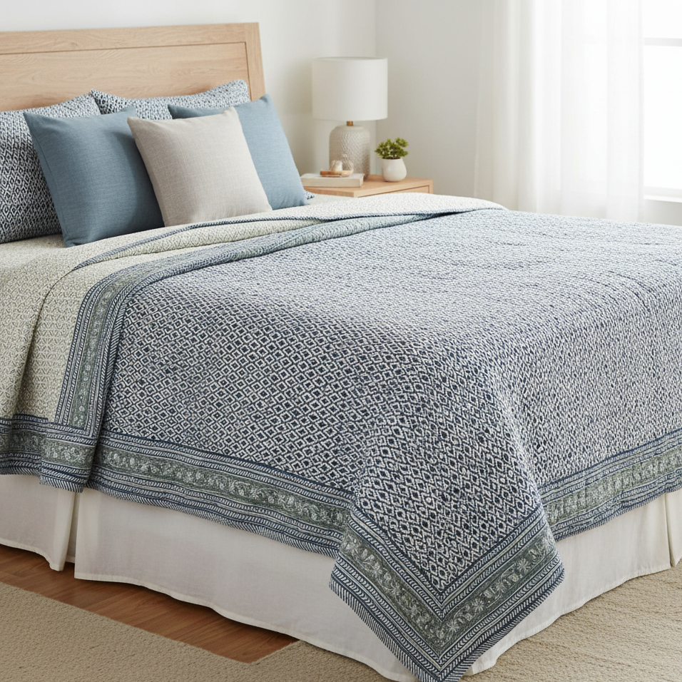 'Jheel Green'- 100% Soft Cotton Quilt/Blanket- Handcrafted in Jaipur