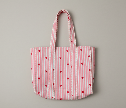 Large Quilted Pink Striped Tote Bags with Heart Prints | Handbags