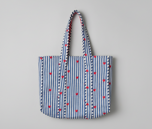 Large Quilted Blue Striped Tote Bags with Heart Prints | Handbags