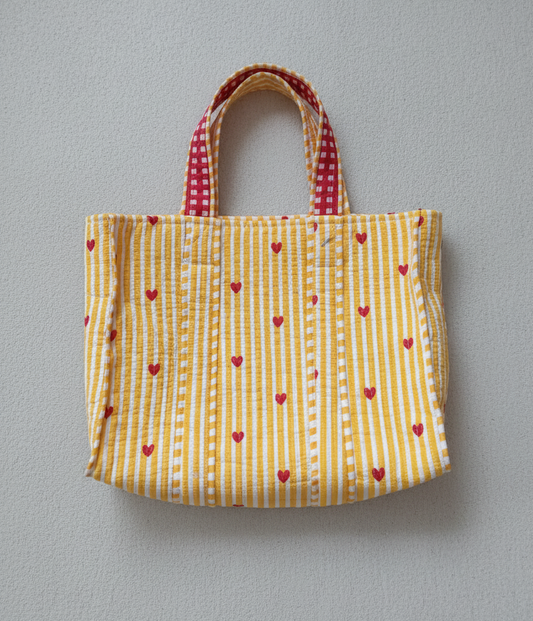 Large Quilted Yellow Striped Tote Bags with Heart Prints | Handbags